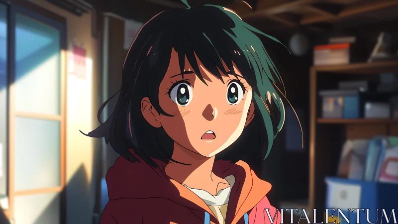 Sunlit surprise brightens a thoughtful anime girl’s quiet room