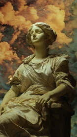 Classical marble muse rises against dramatic storm clouds.