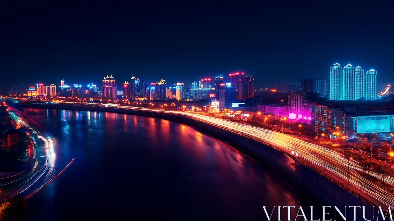 Neon riverfront skyline with dynamic light trail traffic.