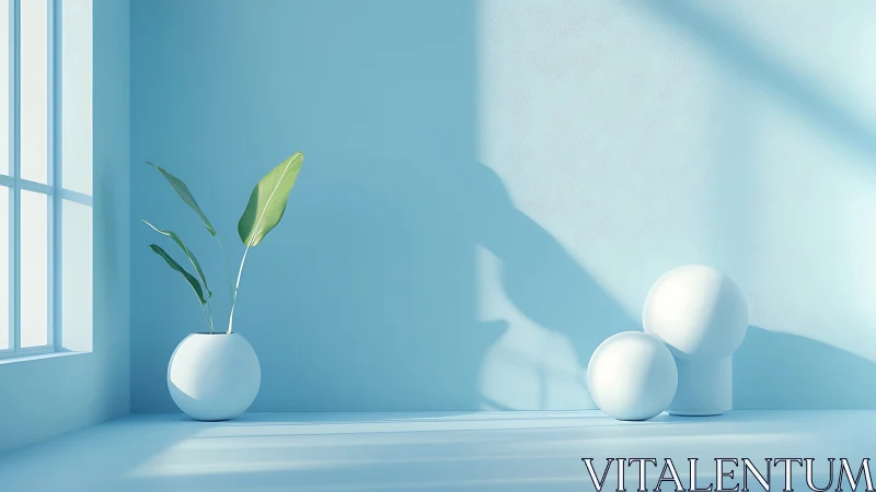 Minimalist blue interior with plant vase and soft spheres.