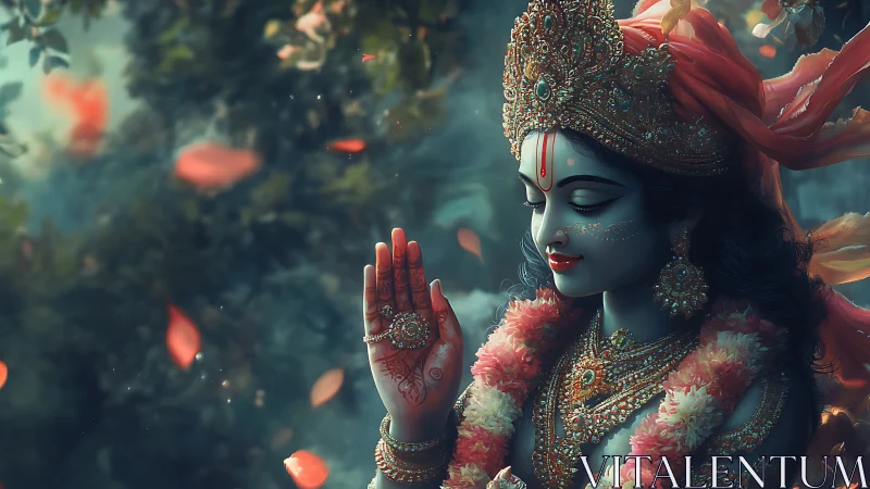 Divine blue deity in jeweled crown amid falling petals.