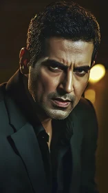 Glare of the midnight strategist in smoldering amber light.