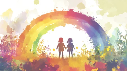 Two Children Silhouettes Beneath Vibrant Watercolor Rainbow