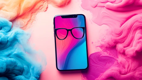 Colorful smartphone with glasses icon amid swirling clouds.