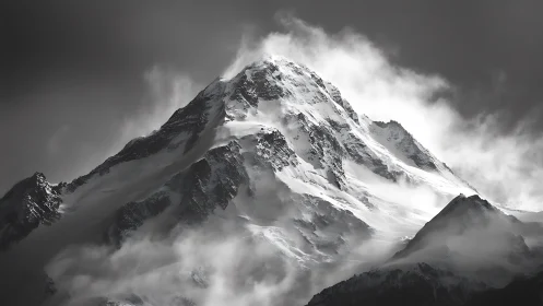 Snow covered mountain peak rises through dense swirling cloud