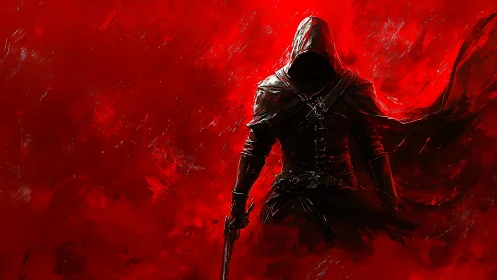 Hooded bladed silhouette emerging from turbulent red field.