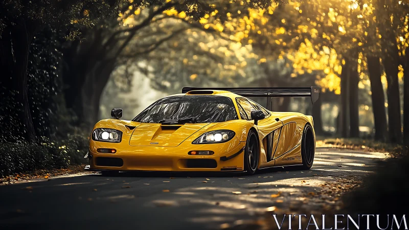 Yellow sports car on forest road under warm daylight.