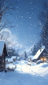 Snowflakes drift slowly while a winter village quietly glows