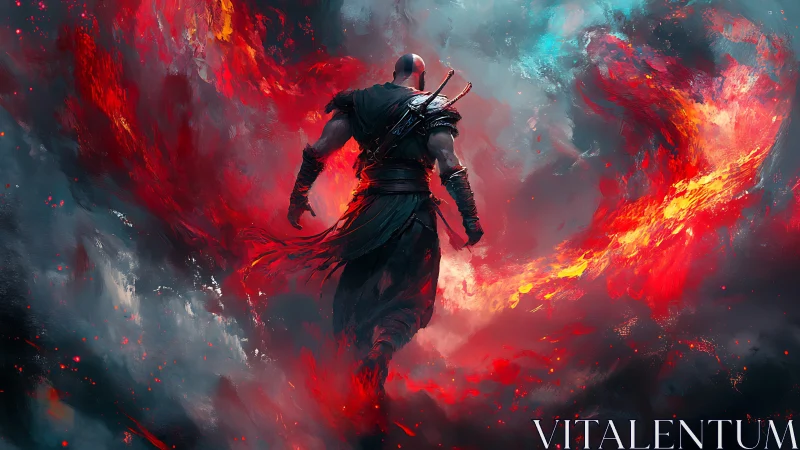 Warrior strides through swirling inferno and storm-torn void