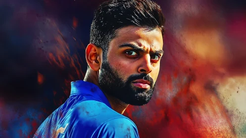 Intense cricketer portrait against fiery color storm.