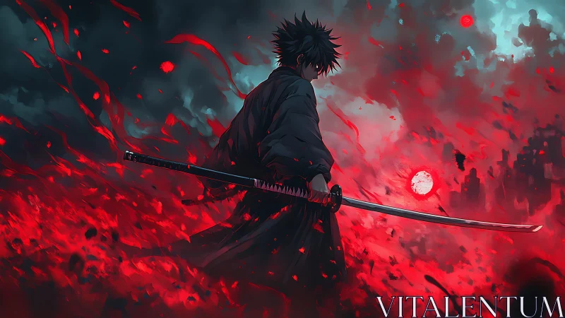 Lone anime swordsman confronts a burning crimson battlefield