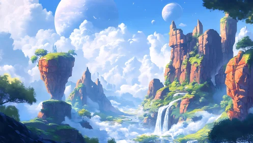 Floating sandstone cliffs and waterfalls occupy a clouded valley