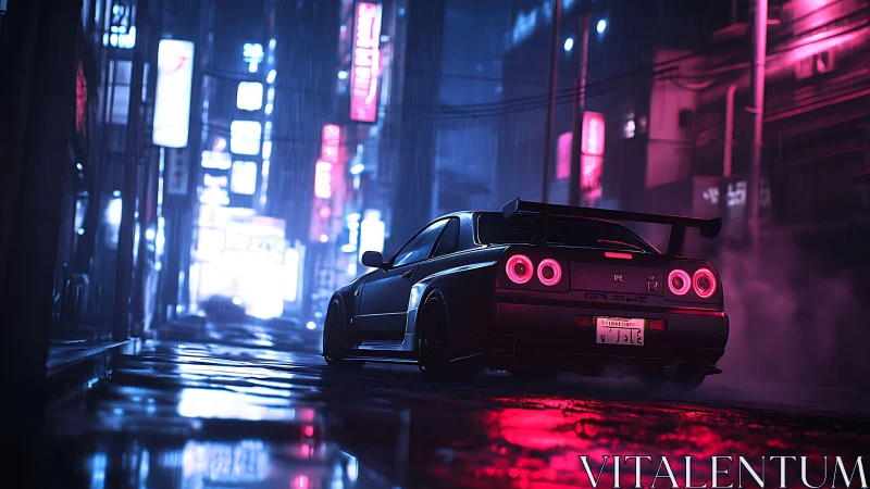 Neon city rain ride with a midnight street racer coupe.