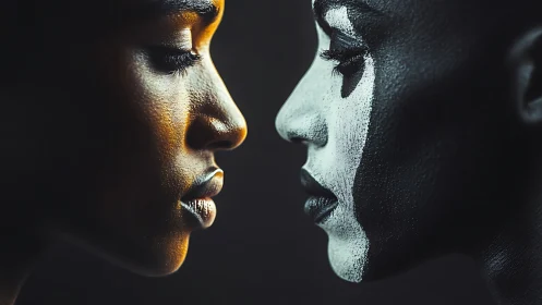 Two opposing profiles with natural and painted faces in contrast.