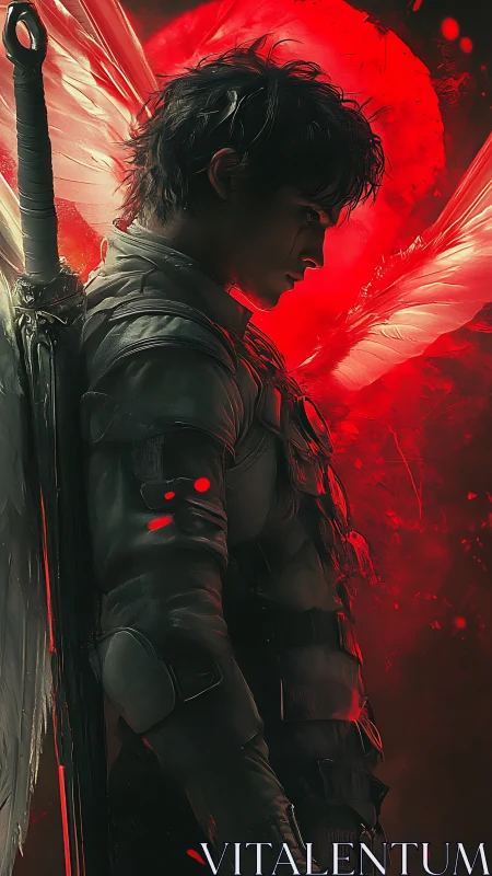 Brooding winged warrior stands before burning red sun.