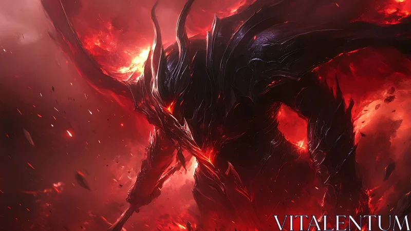 Armored demon silhouette strides through molten red inferno