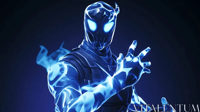 Neon cyber hero channels radiant blue energy aura power