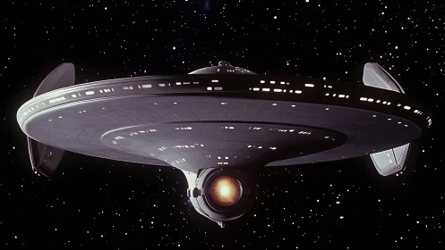 Futuristic circular starship traveling through deep space.