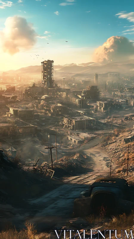 Sunlit ruins stretch across a haunting post apocalyptic valley