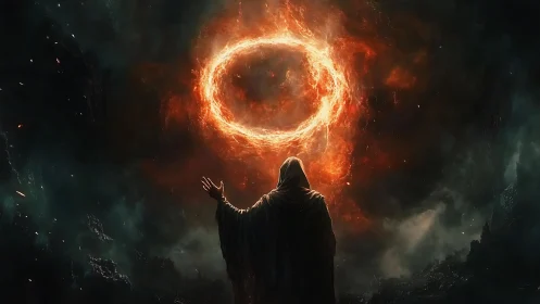 Hooded figure below fiery circular portal in dark void.