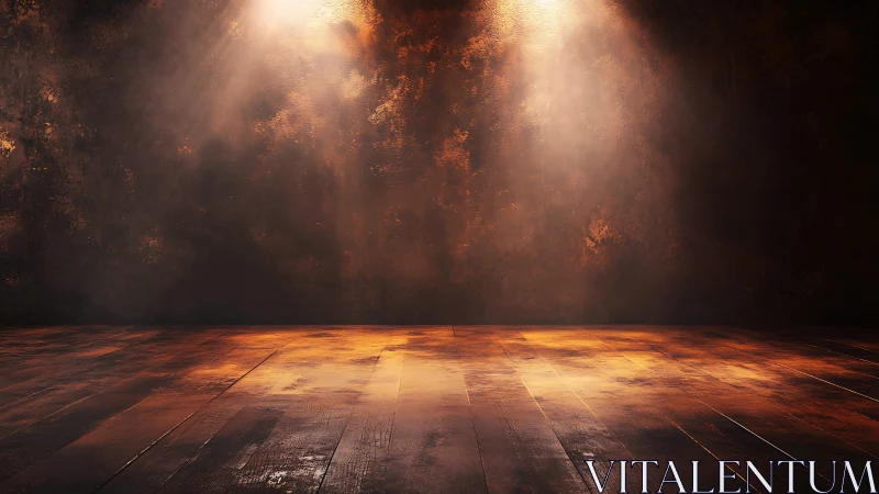Empty wooden stage under warm theatrical spotlights