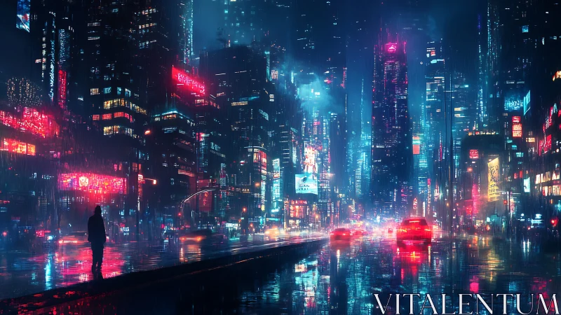 Neon rainstorms drench a lone wanderer in cyber city light.
