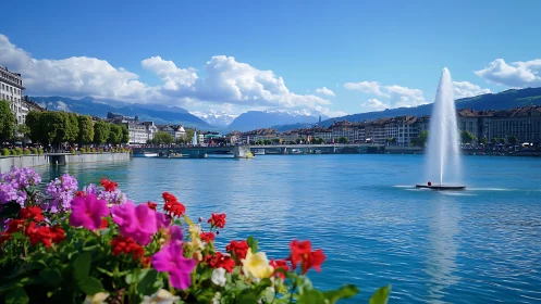 Lakeside city afternoon with bright blooms and clear skies.