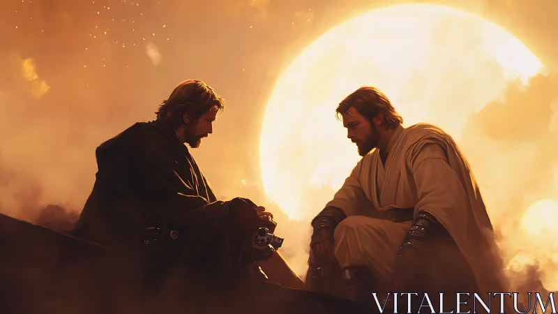 Dual warriors in luminous solar backlit atmospheric dialogue.