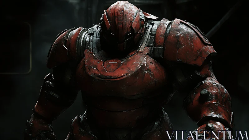 War-torn red mech warrior under harsh cinematic lighting.