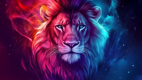 Symmetrical lion portrait uses dual neon color gradients