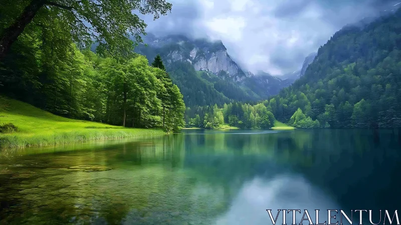 Alpine glacial lake with reflective still water and dense conifers