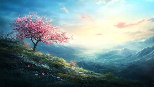 Blooming cherry tree overlooks misty sunlit mountain valley