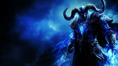 Armored demon warlord emerges from swirling blue energy veil