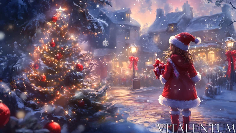 Young girl in red coat observes illuminated village Christmas tree