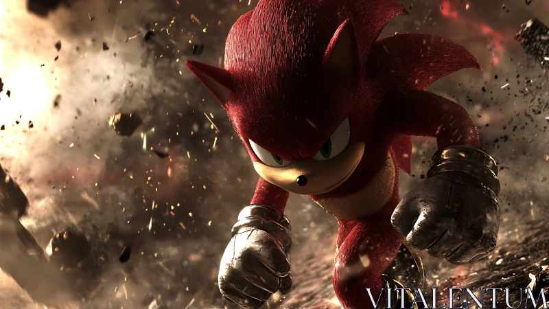 Red hedgehog warrior charges through explosive debris field