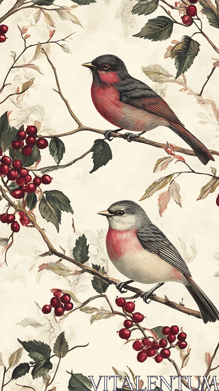 Rosy Sentries: Cardinal Birds Guard Crimson Berry Boughs.