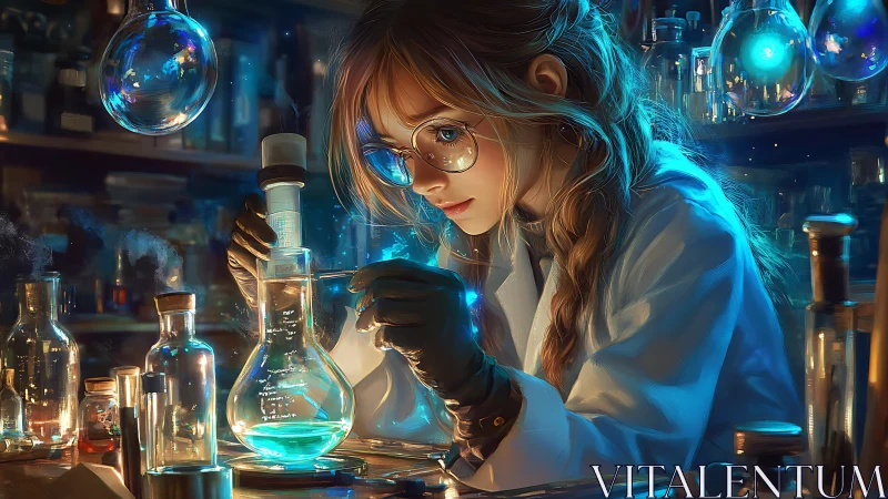 Curious young scientist exploring glowing lab wonders.
