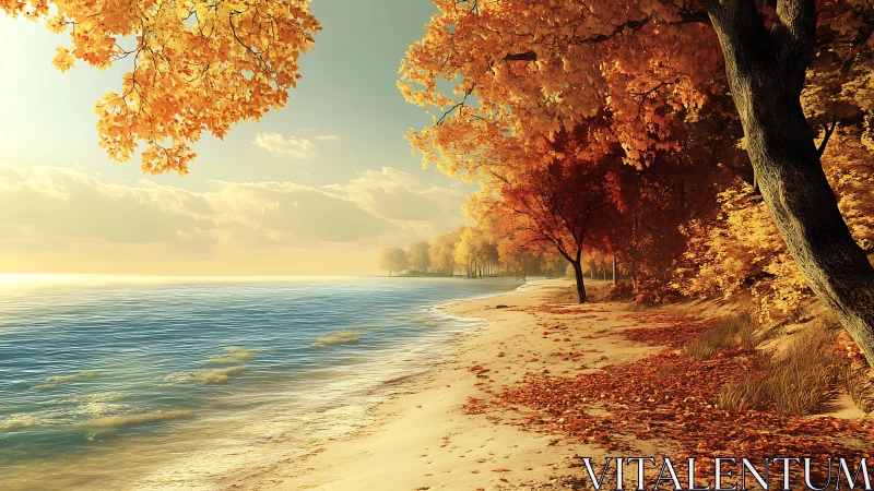 Autumn shoreline with deciduous forest and calm water surface.