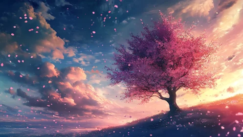 Pink blossom tree on hill under vivid sunset sky.