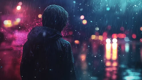 Backlit figure in neon rain with shallow depth and bokeh highlights