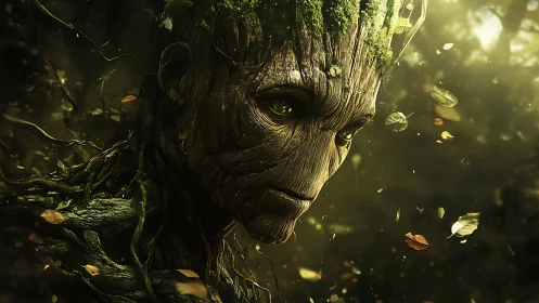 Forest elder listens softly while leaves orbit in dusk light