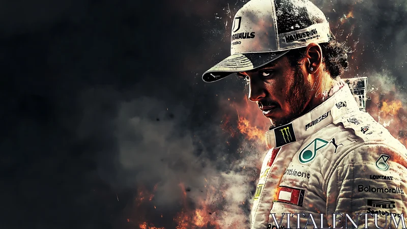 Racing driver portrait burns through dark smoke and fire