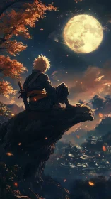 Lone ninja observes moonlit valley from fiery autumn cliff.