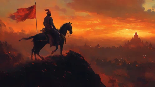 Mounted warrior surveys burning valley beneath incandescent sky