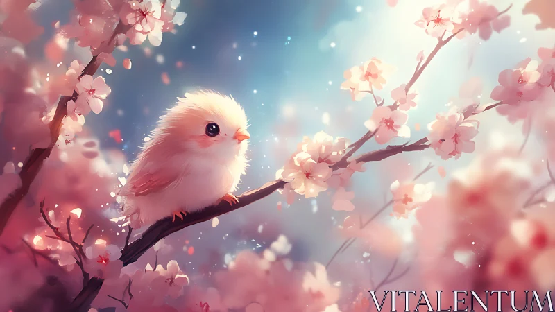 Blush-feathered chick dreams on pastel cherry blossom bough.