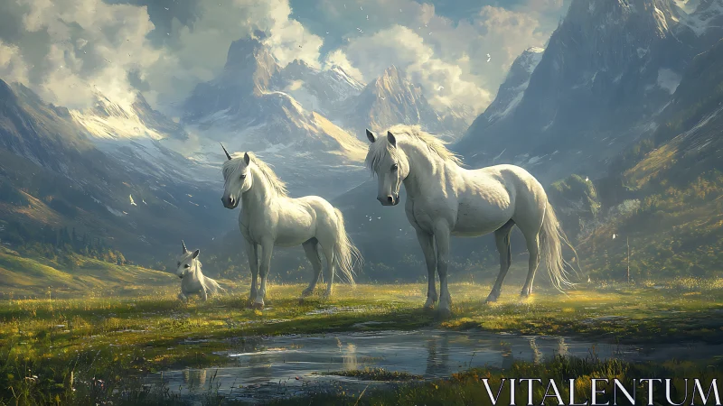Gentle unicorn family wanders quietly through misty mountains
