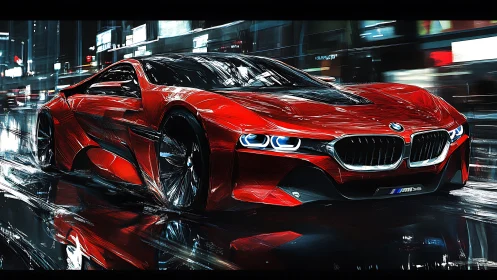 Red BMW concept coupe rendered on wet city street at night.
