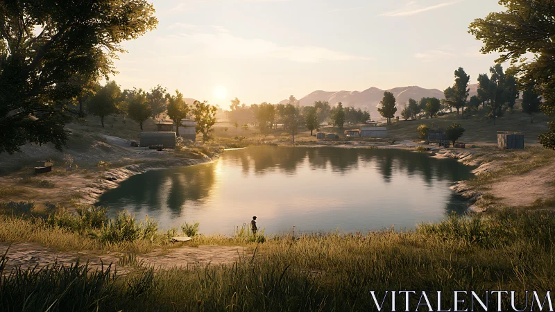 Sunlit rural lake with lone figure by grassy shoreline.