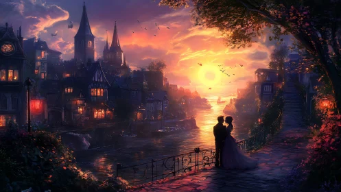 Gothic Architecture at Sunset with Silhouetted Figures