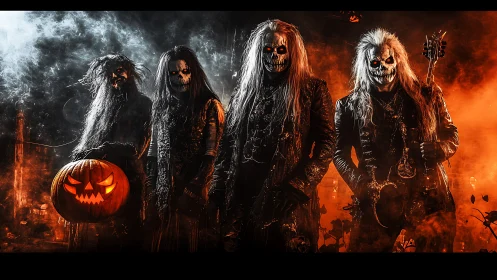 Masked rock band in fiery Halloween horror scene.